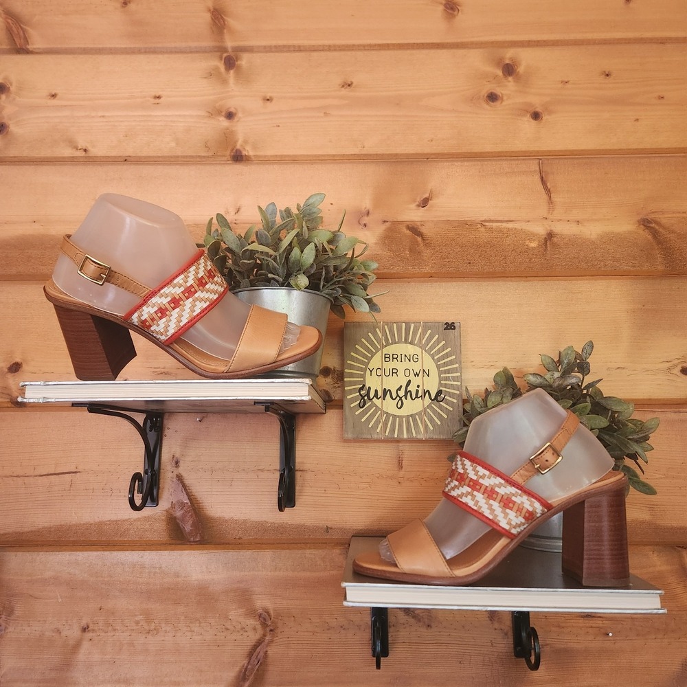 FRYE Amy Woven Tribal Strap Tan Leather Slingback Heel Sandal Boho Preppy Sz 9 M